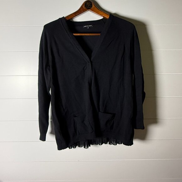 Leo & Ugo Black Back Ruffle Detail Button/Snap Front Cardigan Front Pockets Sz 4 - Picture 2 of 13
